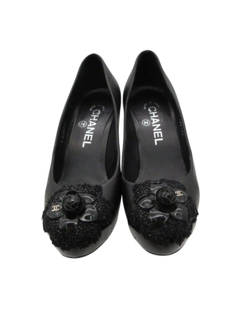 Chanel Pumps Camellia CC Logo Leather High Heels Platform Shoes Black